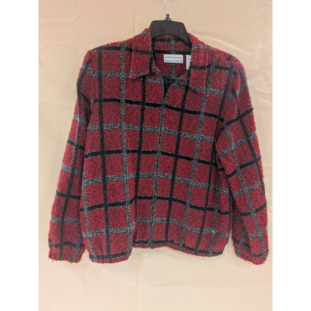 Alfred Dunner Petite Plaid Boucle Jacket Red Black Blazer Coat Size 16P - Picture 1 of 4